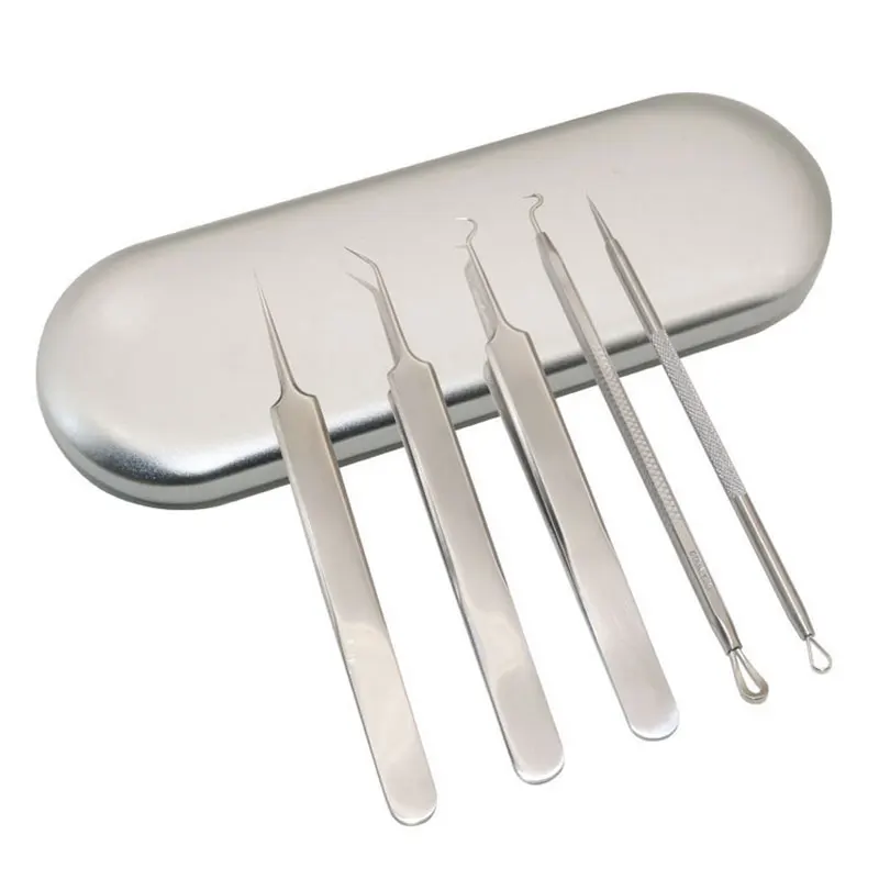 Blackhead Remover Tweezer Stainless Steel Needle Kit 5pcs set Blackhead Blemish Acne Pimple Extractor Face Skin