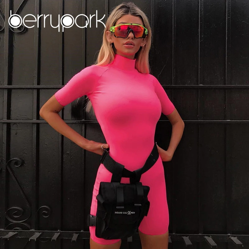 

BerryPark Fluorescent Pink Short Sleeve Playsuit Yoga Set Sport Suit 2019 Summer Women Gym Wear Running Clothing Drop Shipping