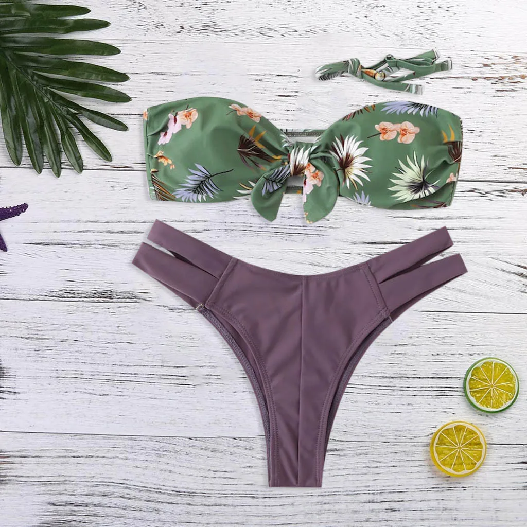 

sexy women's printed lace two-piece beach swimsuit fashion bikini set push-up bra straps swimwear girls tube top