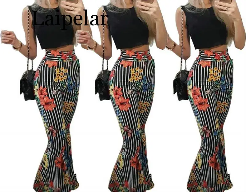 

Laipelar Women striped print loose full pants crop top summer 2 piece set for female women two pieces sets women suits S M L XL