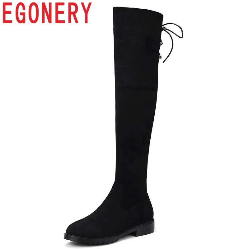 

EGONERY high quality kid suede low square heel cross-tied zipper round toe high boots outside winter warm black and khaki shoes