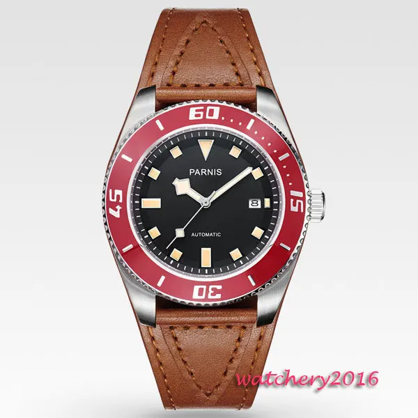 

43mm PARNIS black dial sapphire glass Leather SS Luxury Brand Date window Luminous Marks Automatic Mechanical men's Wristwatch