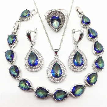

Women's Sky Rainbow Stone Zircon 925 Sterling Silver Jewelry Sets Necklace Pendant Earrings Rings Bracelet Free Shipping