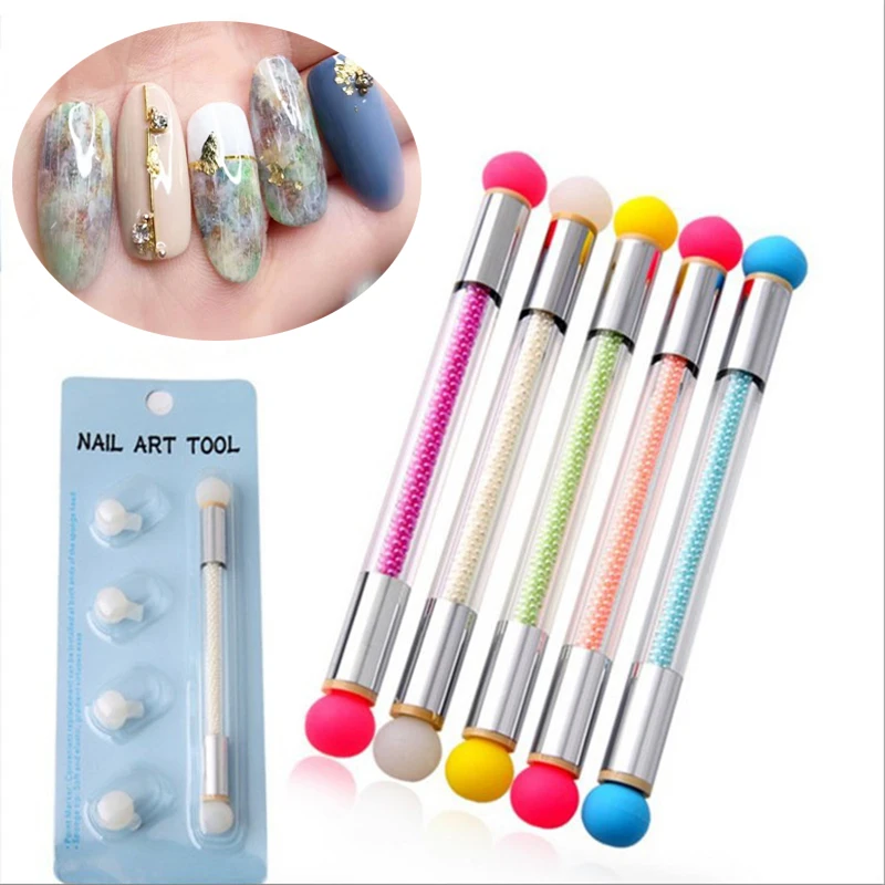 

Double End Nail Art Gel Polish Color Gradient Brush + 4 Sponge Head Transfer Stamping Blooming Dotting Pen Manicure Tool