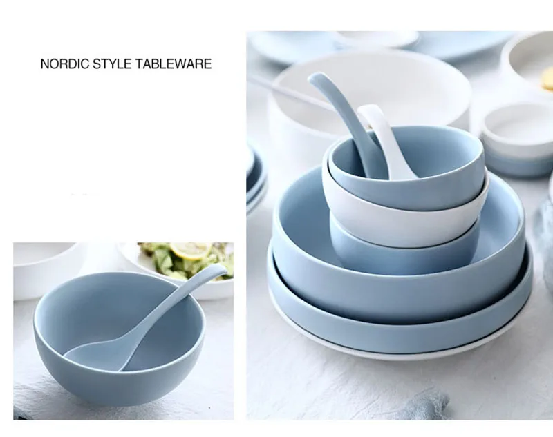 KINGLANG скандинавские синие белые цвета матовая посуда набор Керамическая пиала для риса салатные тарелки простые бытовые блюда
