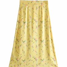VOGUEIN Новая женская летняя повседневная желтая юбка миди с цветочным принтом и высокой талией на молнии