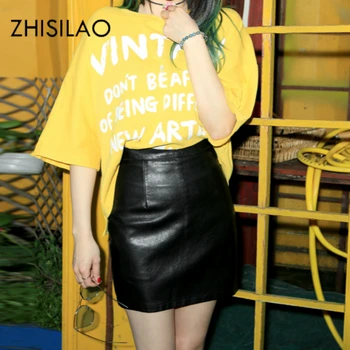 

ZHISILAO Autumn Winter Woman Mini Skirts Leather Black Lolita Bodycon Pencil Skirts Ladies Skinny Solid High Waist Jupe Punk