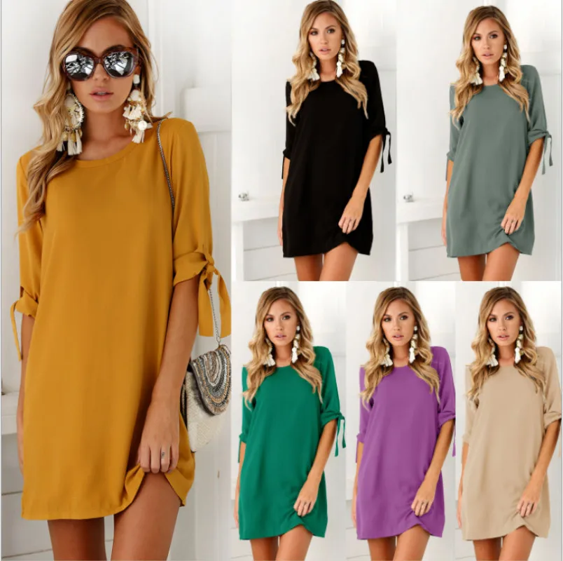 Beach Autumn Summer Women Casual Solid Dress Half Sleeve Short Vestidos Ladies Elegant Party Bow Tie Loose Scoop Neck Mini Dress