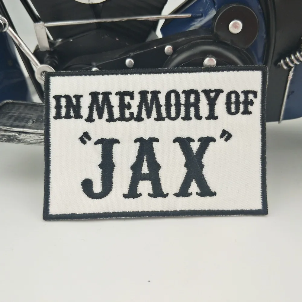 In Memory of JAX Biker Vest Rider Embroidered Iron On Back of Jacket Patch White twill fabric Free Shipping DIY Eco-Friendly(2)