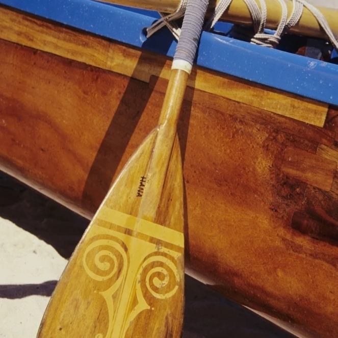 Wooden paddle and outrigger canoe on beach Poster Print (11 x 17)