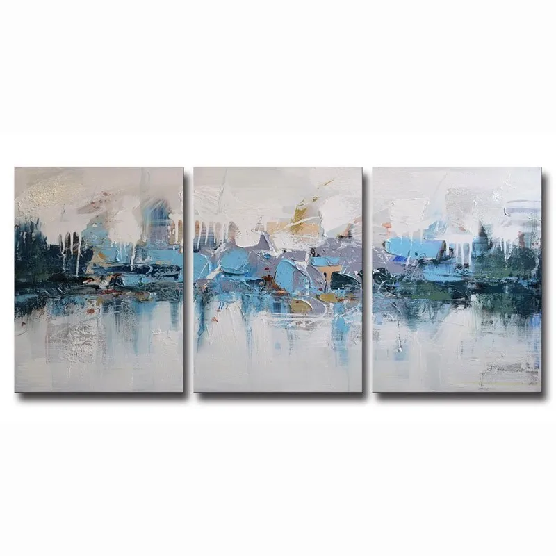

Modern 100% Hand Painted Abstract Oil Painting "Blue Villages" 3-Piece Wall Art on Canvas for Living Room for Wall Decor Home