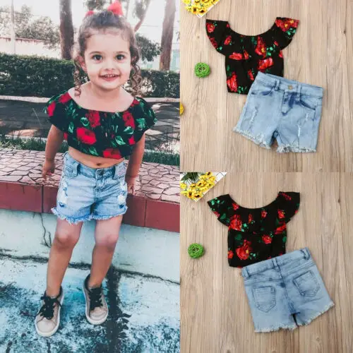 

Summer 2PCS Toddler Kids Baby Girl Clothes Outfits Rose Flowers T-shirt Tops +Denim Pants Set