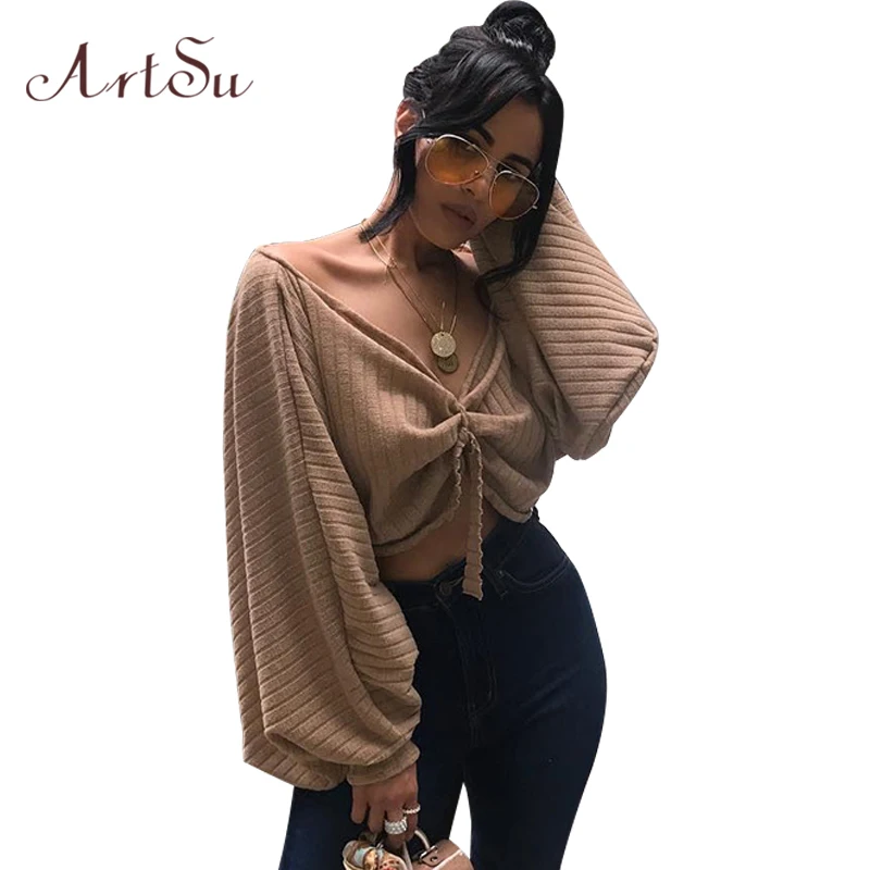 ArtSu модная женская рубашка 2017 Blusa укороченный топ осенняя с длинным рукавом