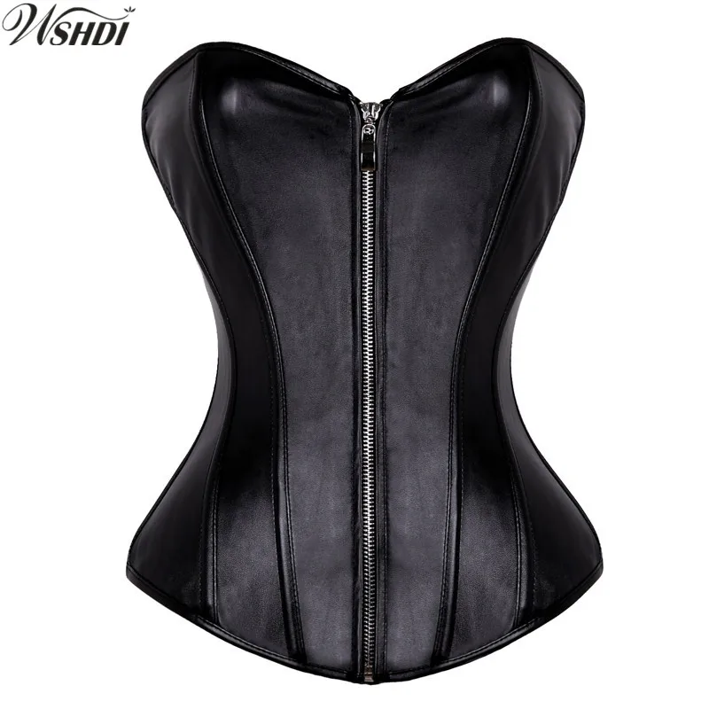 

Black Zipper Corsets Waist Cincher Bustier Leather Corset Steampunk Corselet Women Sexy Bustier Overbust Corset Tops S-6XL