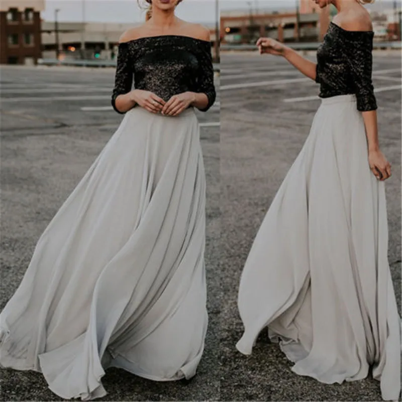 

2019 High Waist Women Chiffon Skirt Long Women Beach Summer Boho Soid Maxi Skirt Saia Longa Faldas Ruffles Hem Long Skirt