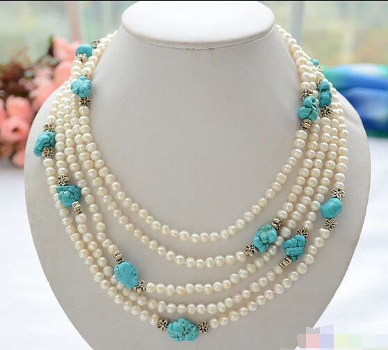 

HOT## Wholesale >>> P4667 5row 20" round white freshwater pearl necklace turquoise crude stone neckl