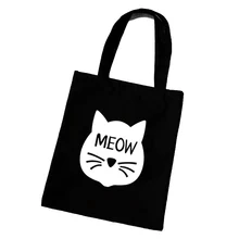 Mode Femme Sac De Plage en Toile de Bande Dessinée Chat Imprimé Casual Fourre-Tout Femmes Toile Sac À Main Utilisation Quotidienne Épaule Sacs À Provisions Noir 42