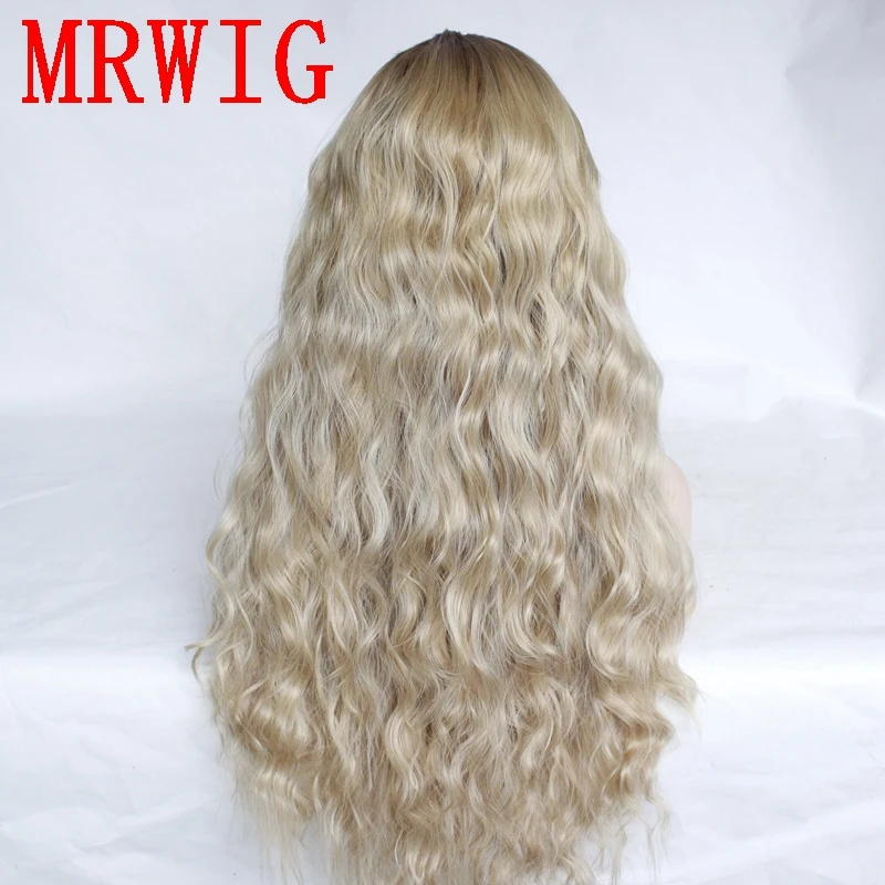 MRWIG Short Dark Roots Brown Ombre Mixed Blonde Middle Part Heat Resistant Fiber Cosplay Synthetic Lace Wig