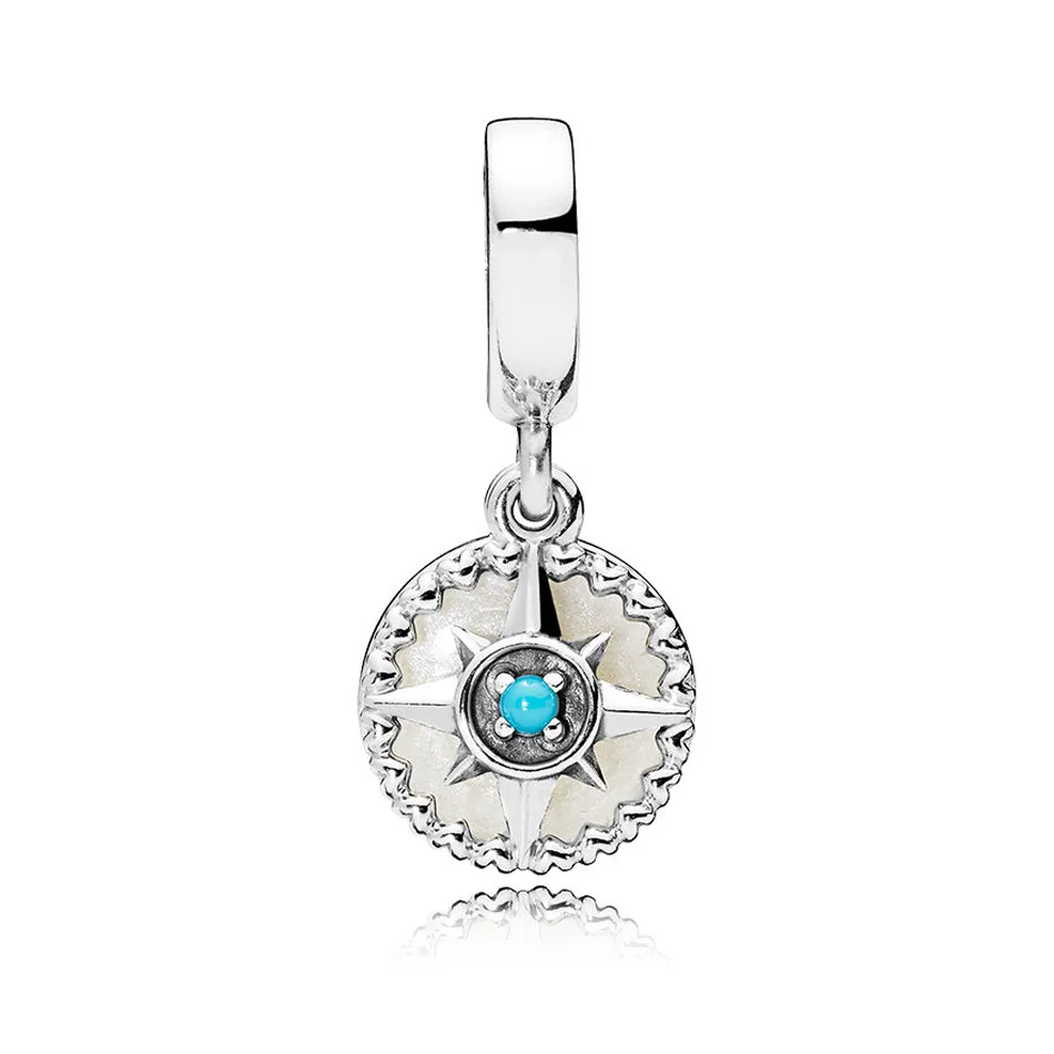 

925 Sterling Silver DIY Jewelry Compass Rose Dangle Charm fit Lady Bracelet Bangle Enamel & Cyan Blue Clear CZ