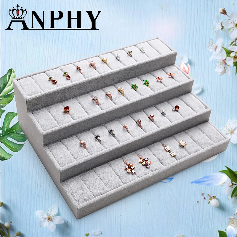 

ANFEI New 4 Layers Big Ring Display Tray Ice Velvet Fabric Jewelry Display Rack for Finger Rings or Earring Display Organizer