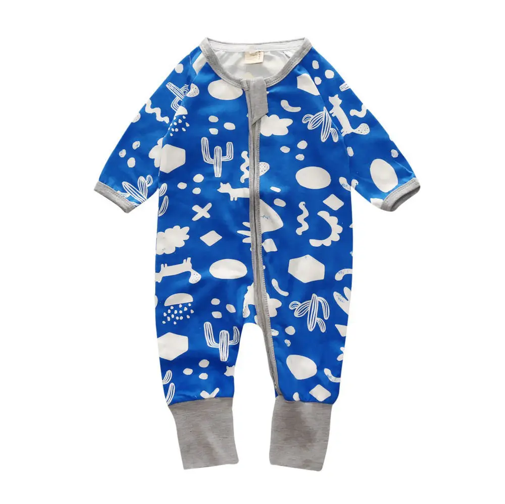 Autumn Cute Newborn Baby Boy Romper Jumpsuit Long Sleeve Zipper Cotton Blue Print One Piece