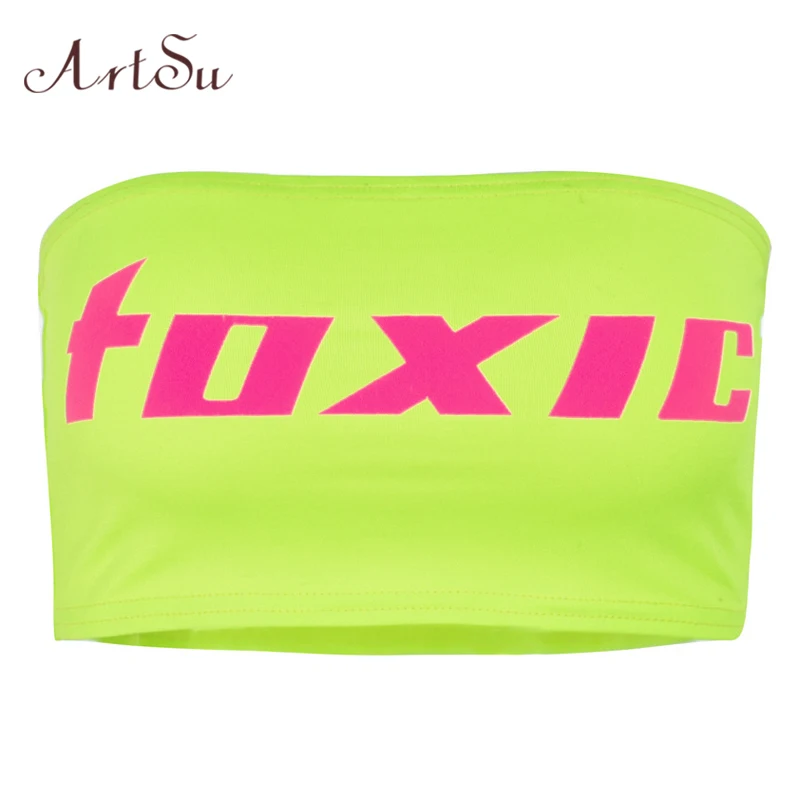 

ArtSu Fashion Camis Letter Print Strapless Sexy Off the Shoulder Crop Top Neon Green Beach Summer Tops Cami ASVE20606