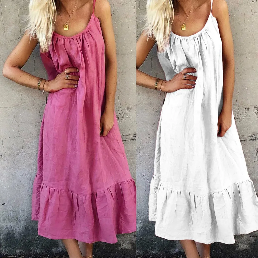 

feitong 2019 Latest Women Loose Solid dresses O-Neck Sleeveless Draped Hem Boho Cotton Sling Linen Strap Maxi Dress Vestidos#111