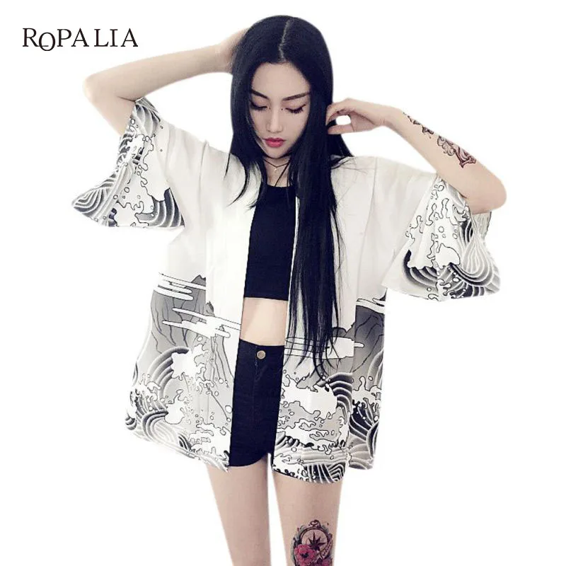 2017 fashion coat Japanese Harajuku style Waves and wind dragon Japanese kimono print chiffon cardigan summer sun Coats