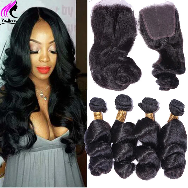 

7A Peruvian Virgin Hair With Closure 4 Bundles Loose Wave With Closure Peruvian Loose Wave Hair Bundles With Lace Closures