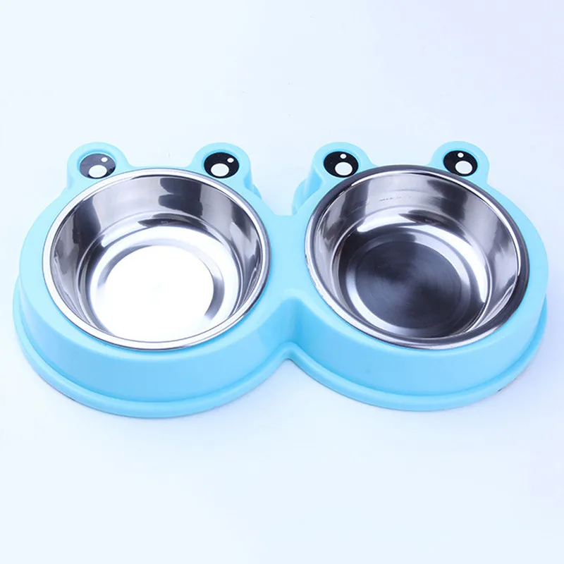 Собачка кошка щенок дорожный Фидер для кормления двойная миска для еды миска для воды Милая лягушка миска для кормления домашних животных - Цвет: blue