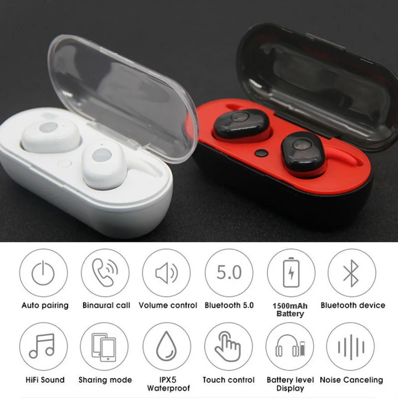 

Wireless Earphones Bluetooth Earphones 3D Stereo Sound Earbuds with Dual Microphone and Charging box Mini Dual V5.0