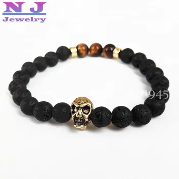 

Wholesale 10pcs/lot 8mm Tiger Eye and Lava stone beads Bracelet ,New Gold Skull Bracelets Charm Yoga Mens Bracelets