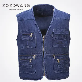 

Zozowang new plus size 4XL solid V-neck denim zipper loose casual fashion Multi-pocket spring autumn waist men tide vest men