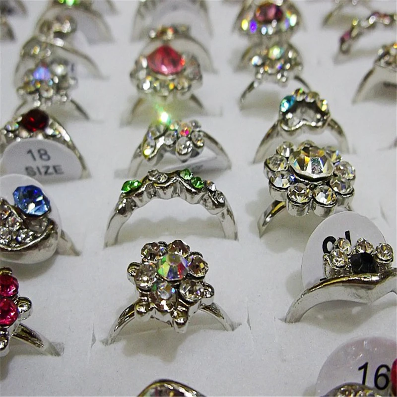 

QianBei Wholesale 50pcs/set Elegant Crystal Flower Wedding Ring Rhinestone Silver Jewelry Rings For Women Free Shipping