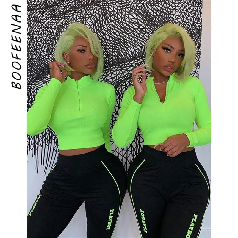 

BOOFEENAA Ribbed Knitted Casual T Shirt Women Coral Red Neon Green Long Sleeve Crop Top Streetwear Fashion Clothes C87-I85