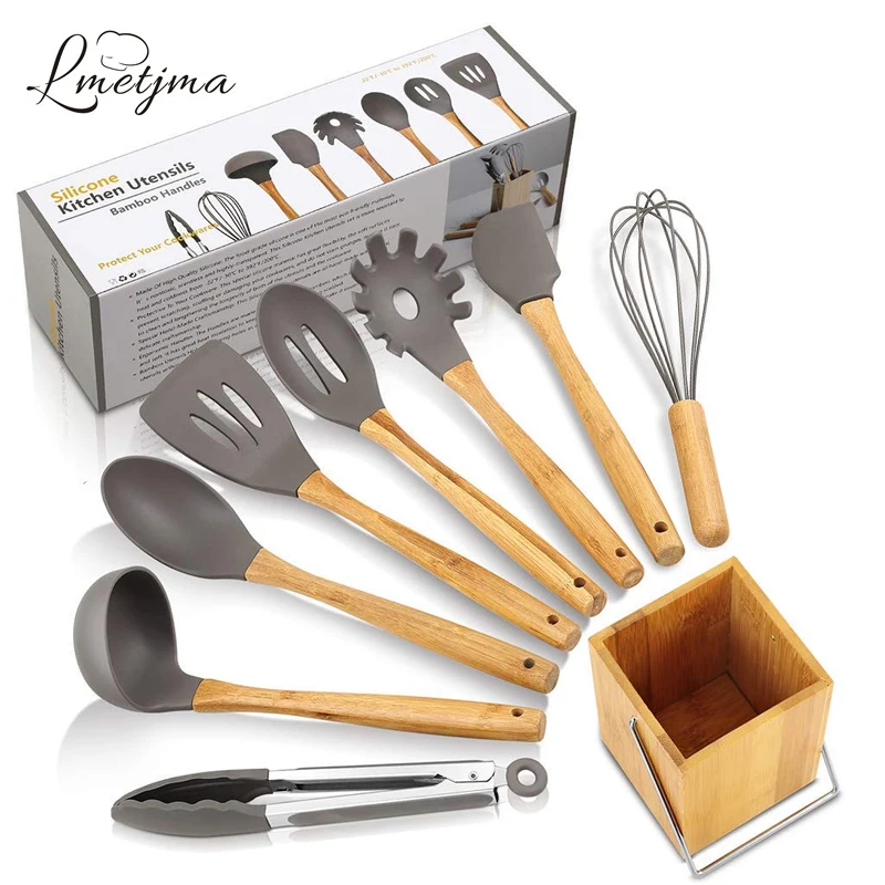 LMETJMA Silicone Kitchen Utensils Set 9-Piece Cooking Tools Set with Bamboo Holder Non-stick Cookware KC0212