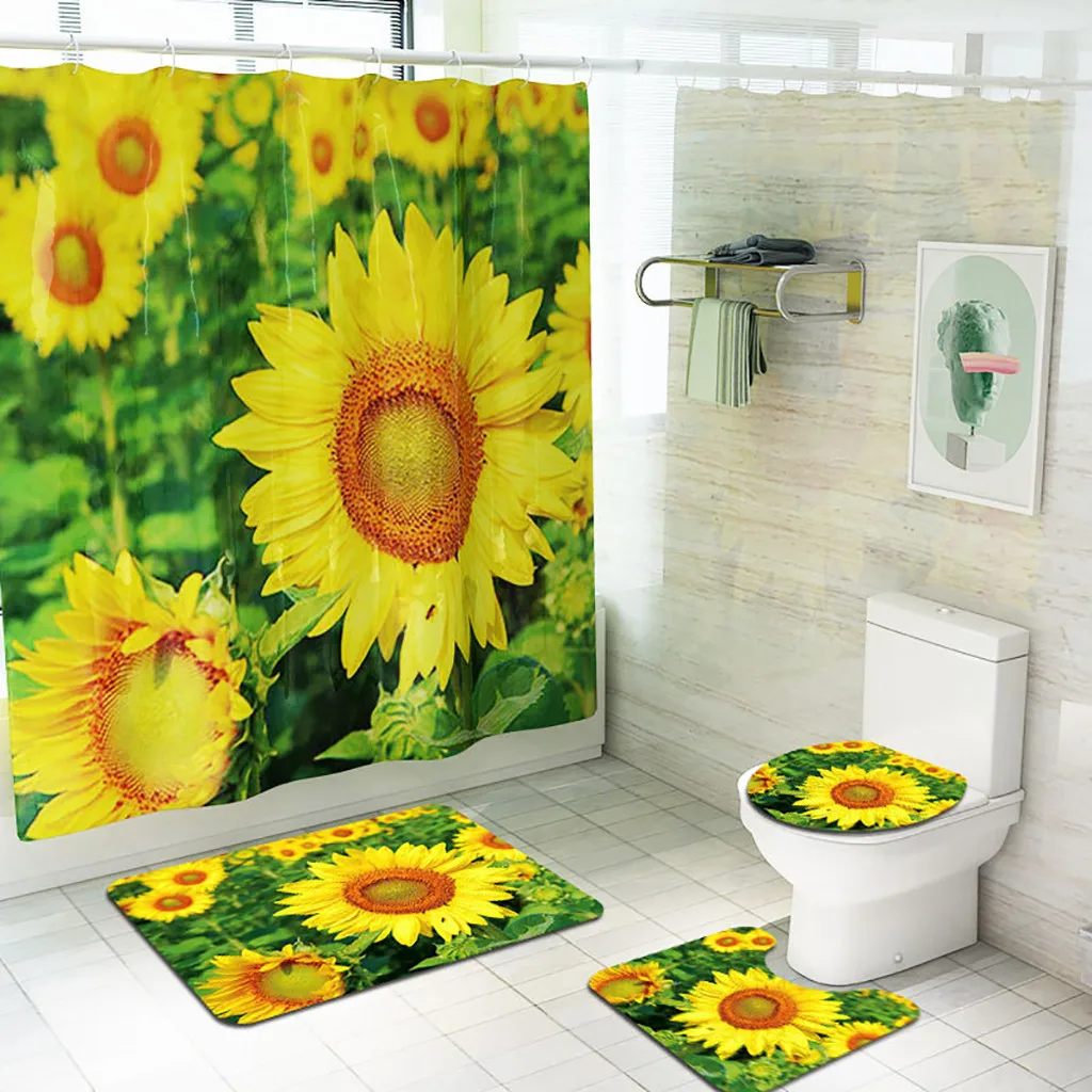 

4PCS/Set Sunflower Printed Pattern Non Slip Polyester Toilet Seat Cover Mat Set Floor Rugs Shower Curtain Bathroom Accessories