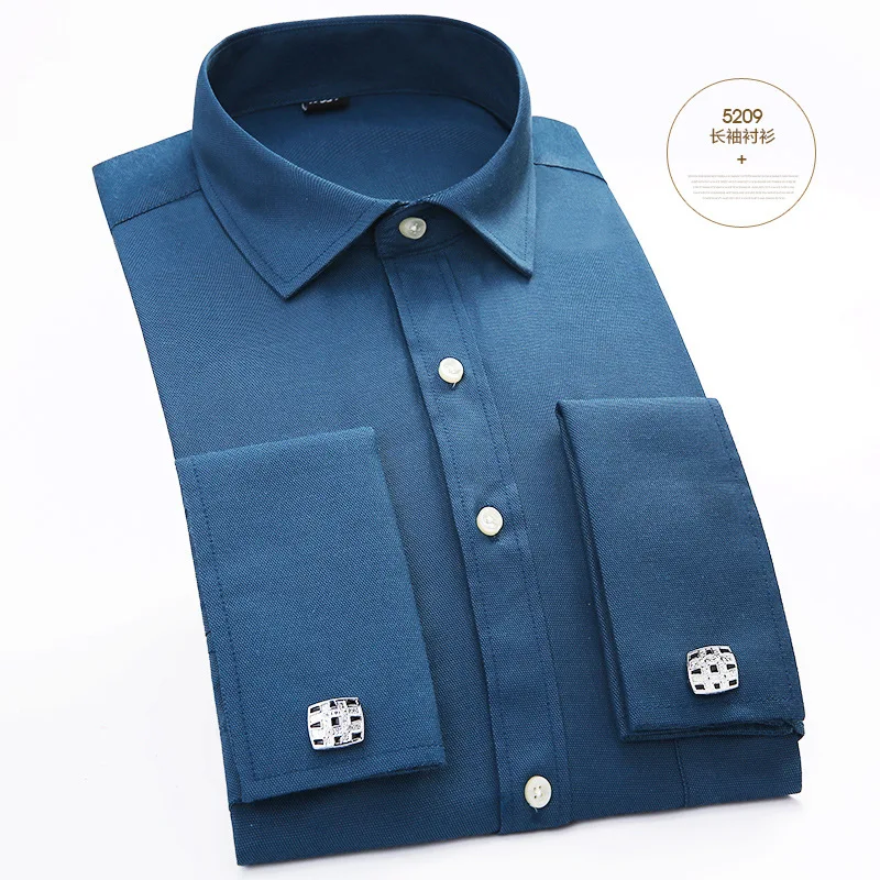 Для Мужчин's французские запонки бизнес рубашки для мальчиков одежда с длинным рукавом белого и синего цвета твил Азиатский размеры S, M, L, XL, XXL, 3XL, 4XL, 5XL, 6XL