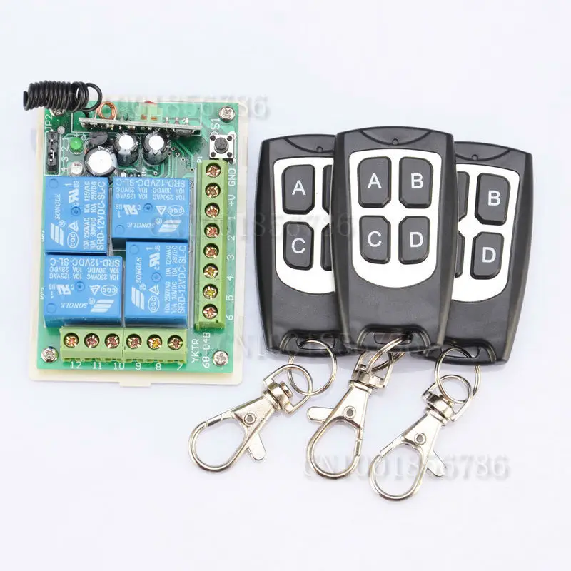 

DC12V 4CH RF Wireless Remote Control Switch System Receiver &3 Transmitter Momentary Toggle Latched LED SMD ON OFF
