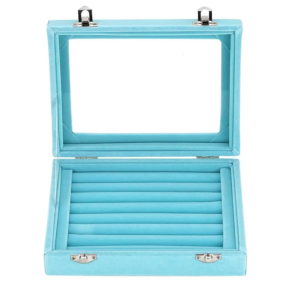 

SZanbana 7 Slots Blue Velvet Glass Jewelry Display Storage Box Ring Jewelry Box Earrings Holder Case 2 Clasps Necklace Showcase