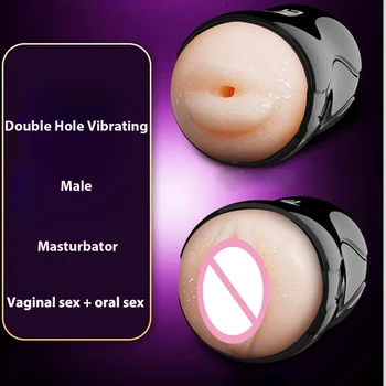 Double Hole Real Vagina Pocket Pussy Vibrating Male Masturbator Mouth Tongue Sucking Oral Sex Masturbation Cup Toy for Men 6