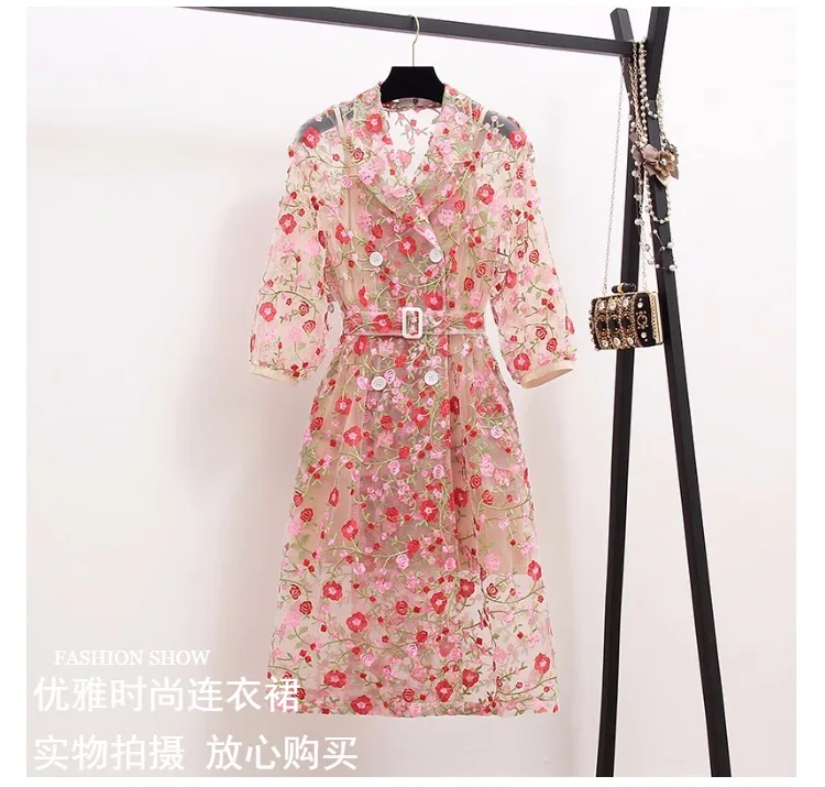 Seiwnibu мода взлетно-посадочной полосы двубортный сетки летние Винтаж Для женщин цветочной вышивкой с длинным подолом зубчатый вечерние платья