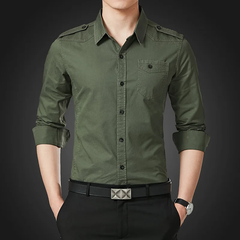 Одноцветная Мужская повседневные тонкие рубашки подходят мужские рубашки с длинным рукавом карман удобные зеленые хаки мужские рубашки