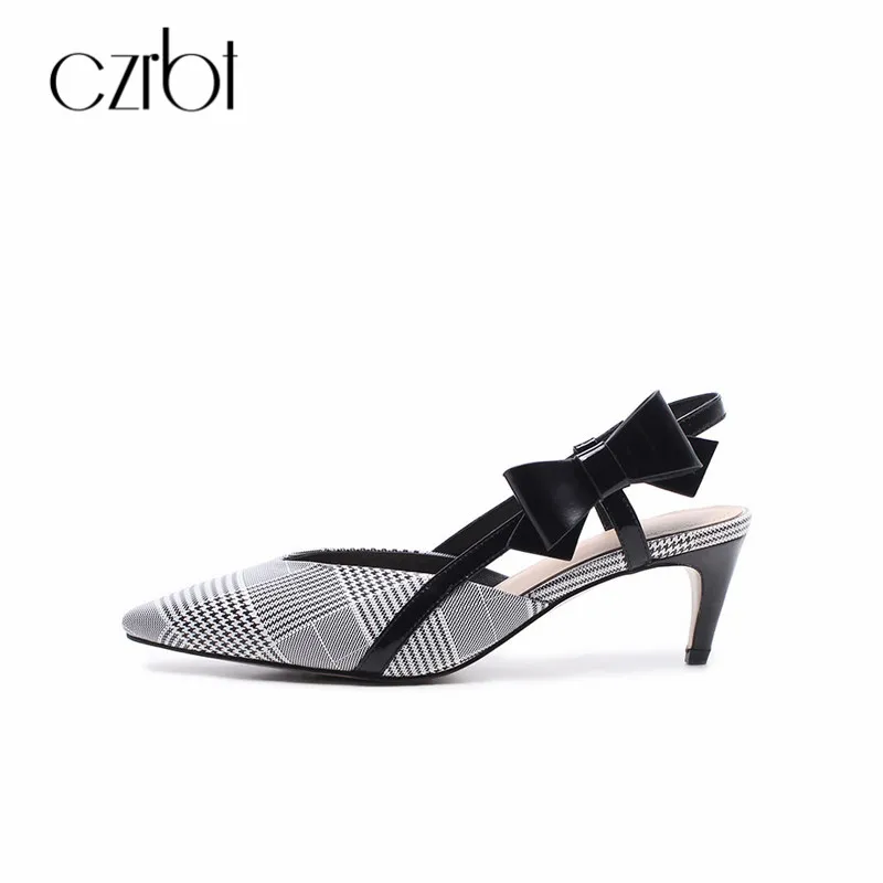 

CZRBT 2018 Summer Canvas Women Sandals Sweet Gingham High Heel 6.5CM Shoes Back Strap Butterfly-Knot Spike Heel Women Pumps