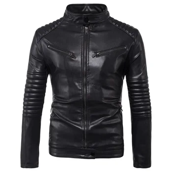 

Men Fashion PU Leather Jacket Stripes Decoration Mandarin Collar Jackets Motorcycle Riding Coat Invisible Pockets Male Coats