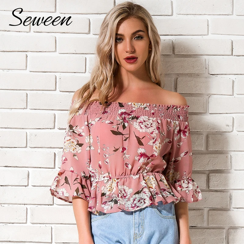 

Floral Print Off the Shoulder Tops And Blouse Women 2018 Summer Flare Sleeve Blouses Ladies Slash Neck Chiffon Peplum Tops Women