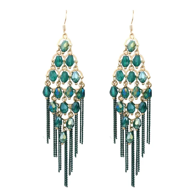 

Luxurious Bohemia Pure Handmade Crystal Green Earrings Beads Fashion Women Jewelry Long Statement fringed tassel Earrings