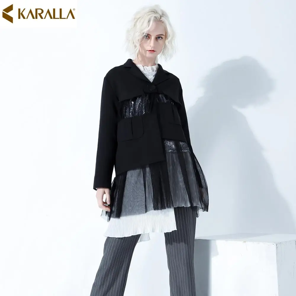 

Personality Splicing Mesh Blazer 2019 Spring Summer New Arrival Temperament Women Perspective Suit Jacket C1383