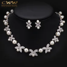 Высокое качество, белое золото, микро инкрустация кубическим цирконием, Большой жемчуг, Свадебное колье, ожерелье, наборы для свадебных ювелирных изделий T247