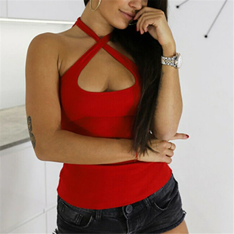 

Summer Women Tops Slim T Shirt Tops Backless Shirt Halter Top Casual Sleeveless T-Shirt Solid Color Tshirt Woman Top Streetwear